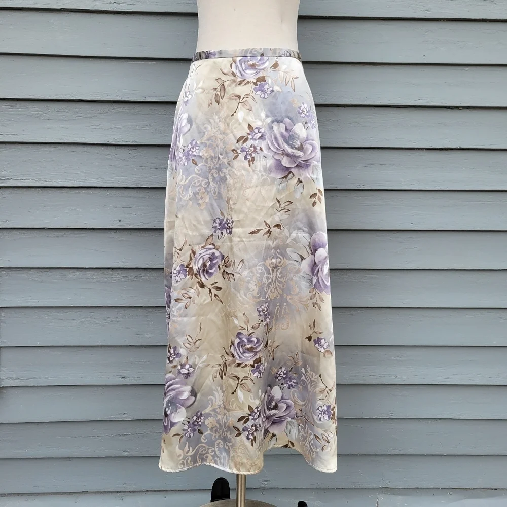 Vintage 90s‎ y2k Kathy Lee Blue Tan Satin Purple Floral Midi Slip Skirt 12